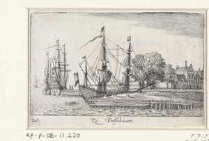 Gezicht op kade van Delfshaven met schepen
