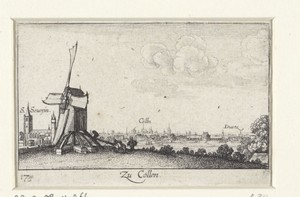 Gezicht op Keulen met molen op voorgrond