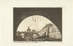 Gezicht op Pont-Neuf van onder boog Pont-au-Change in Parijs