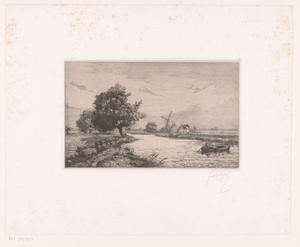 Gezicht op rivier de Leie in de omgeving van Gent met molens