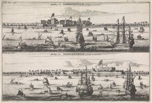Gezicht op Tegepatnam, een Moors kasteel en de Nederlandse loge