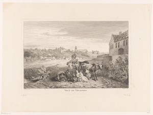 Gezicht op Vincennes met koeien en figuren