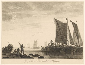 Gezicht op vissers en boten voor de kust van Vlissingen