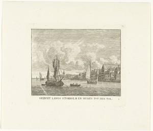 Gezicht over Merwede langs kade met huizen en Tol te Dordrecht