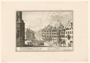 Gezicht vanaf de Heilige Sebalduskerk richting de Gouden Gans in Neurenberg