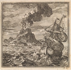 Gezicht vanaf de zee op de vulkaan Hekla die uitbarst
