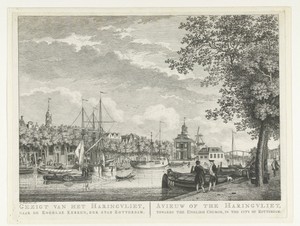 Gezicht vanaf het Haringvliet richting Engelse kerk te Rotterdam