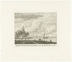 Gezicht vanaf het Melkpoortje op Groothoofdspoort te Dordrecht