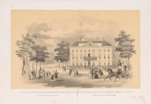 Gezicht vanaf het Tournooiveld op het Herenlogement van Dordrecht in Den Haag omstreeks 1850