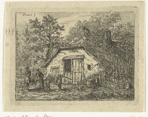 Gezin bij plaggenhut