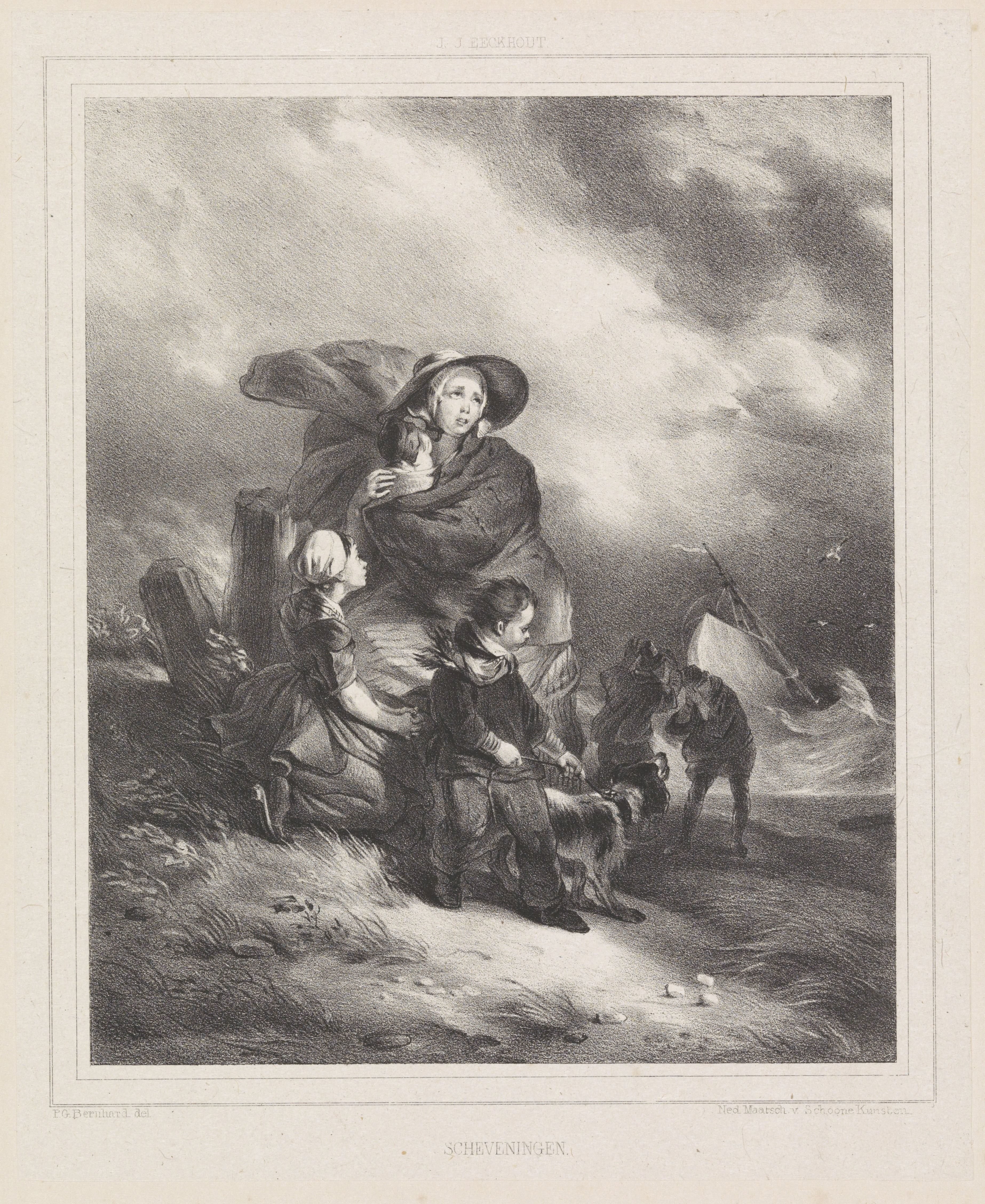 Gezin in een storm aan zee by Pieter Gerardus Bernhard