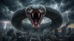 Giant Snake Fangs Over City