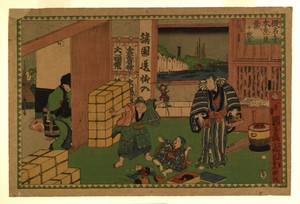 Gihei in his shop, his wife Sono knocking on the door outside