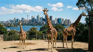 Giraffes and City Skyline