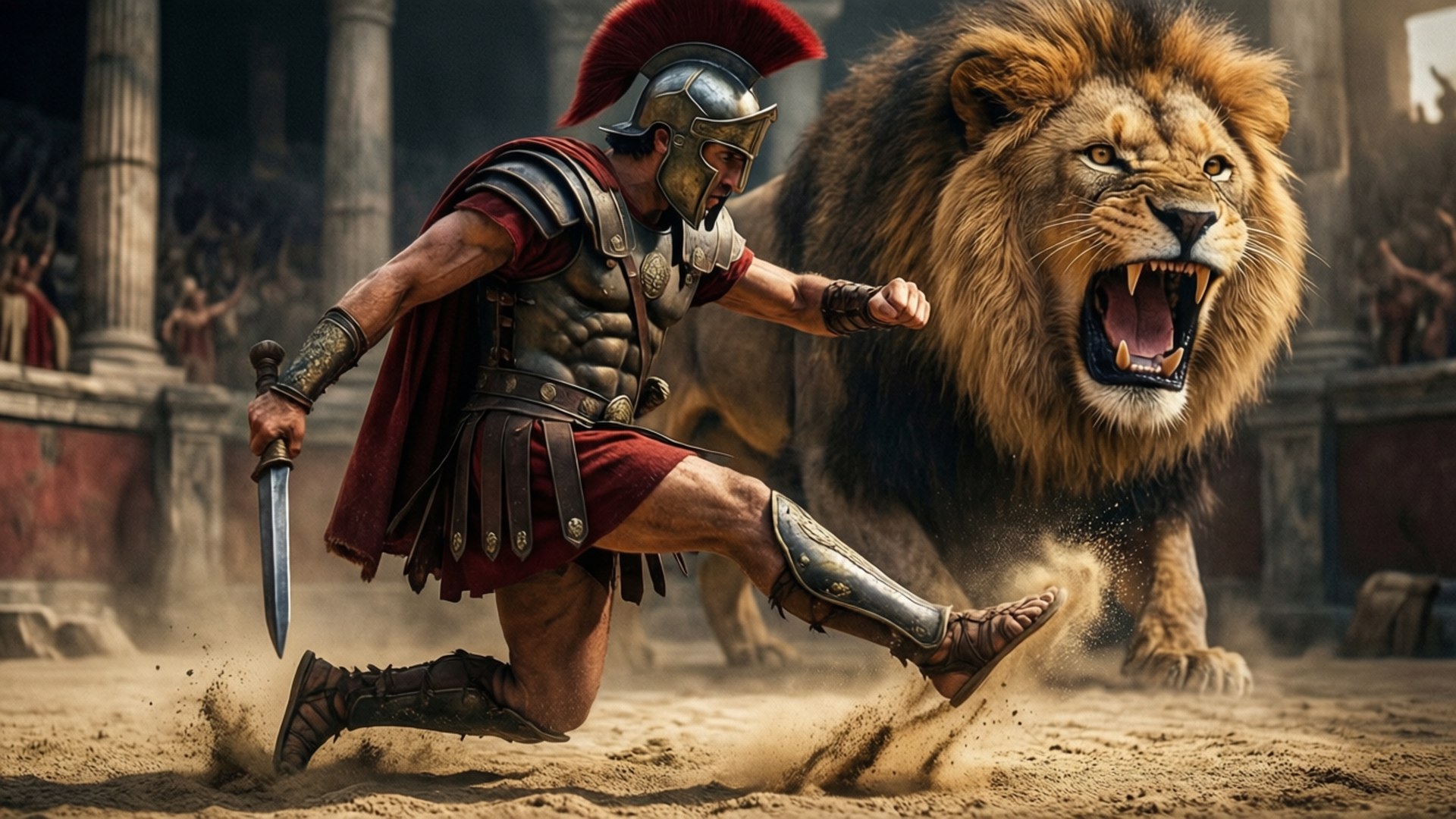 Gladiator vs Lion by Wallpapers.art Studio
