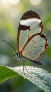 Glasswing on Dewy Leaf