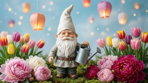 Gnome in Tulip Garden