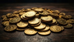 Golden Coins on Dark Wood