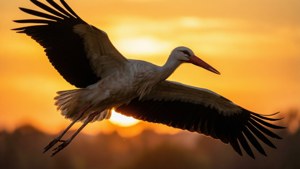 Golden Sunset Stork Flight