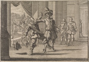 Graaf Louis de Bourbon-Soissons geeft maarschalk Ferté-Senneterre een vuistslag na zijn voorstel van een huwelijk met de hertogin van Aiguillon, 1641