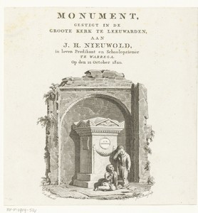 Grafmonument voor predikant J.H. Nieuwold met twee treurende jongens voor vervallen muur en titel