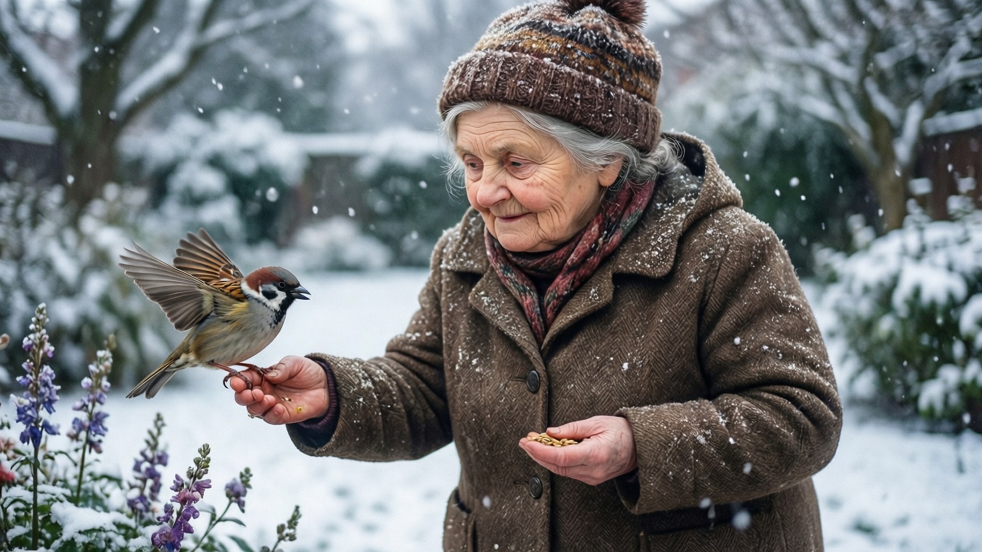 Grandma Feeding Birds by Wallpapers.art Studio