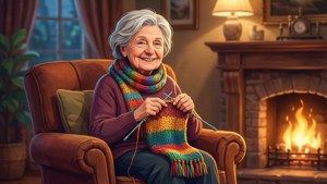 Grandma Knitting by Fireplace