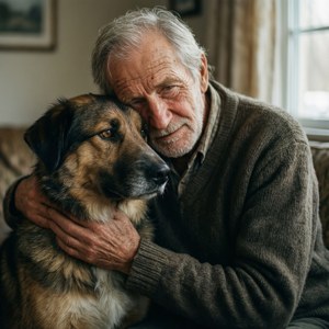 Grandpa and Dog Hug