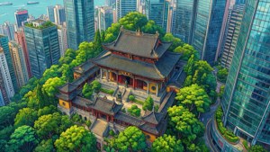 Green Temple Amid Towers