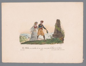 Griekse man en vrouw brengen een krans bij het graf van een verloren vriend