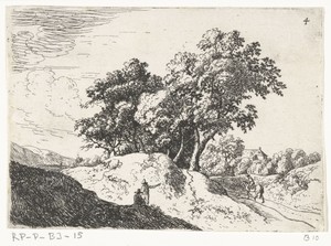 Groep bomen op een heuvel met passerende ruiter