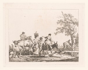 Groep figuren met vee, lopend richting een fontein