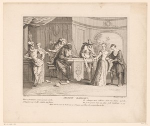 Groep figuren rond een tafel met Harlekijn en een jonge vrouw