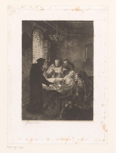Groep in renaissance kledij rond een tafel bestuderen brieven