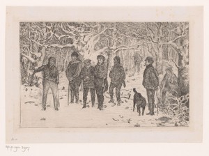 Groep jagers en drijvers in een besneeuwd bos