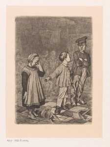 Groep kinderen met een huilend meisje en een jongen die met de leraar praat