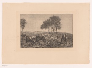 Groep koeien en een figuur in een landschap