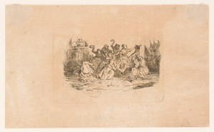 Groep mannen en vrouwen strijden met elkaar bij een waterput