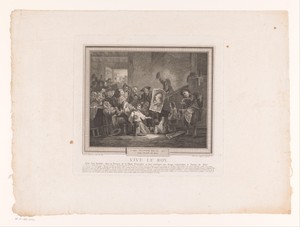 Groep mensen in een rustiek interieur wijst op het portret van Lodewijk XVI
