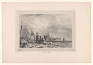 Groep mensen rustend op het strand bij schepen