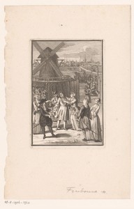 Groep mensen voor een molen, mogelijk een scène uit een toneelstuk