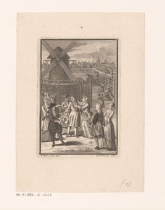 Groep mensen voor een molen, mogelijk een scène uit een toneelstuk