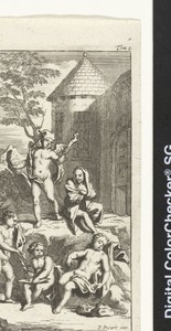 Groep naakte jongetjes waaronder jongen met narrekap en schrijvend en slapend kind