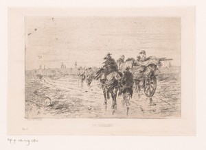 Groep reizigers in en om een wagen nadert een ommuurde stad