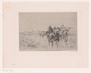 Groep reizigers in en om een wagen nadert een ommuurde stad