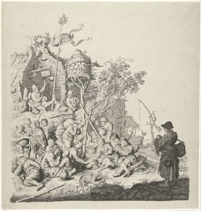 Groep Roma bij een herberg met een duiventil