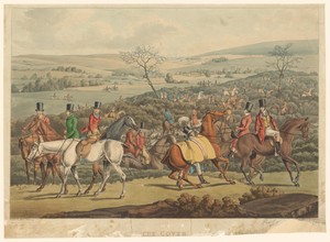 Groep ruiters in een heuvelachtig landschap op jacht