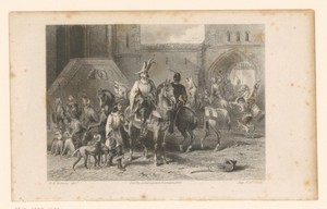 Groep ruiters met honden bij een stadspoort