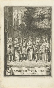 Groep van zes toneelspelers op straat