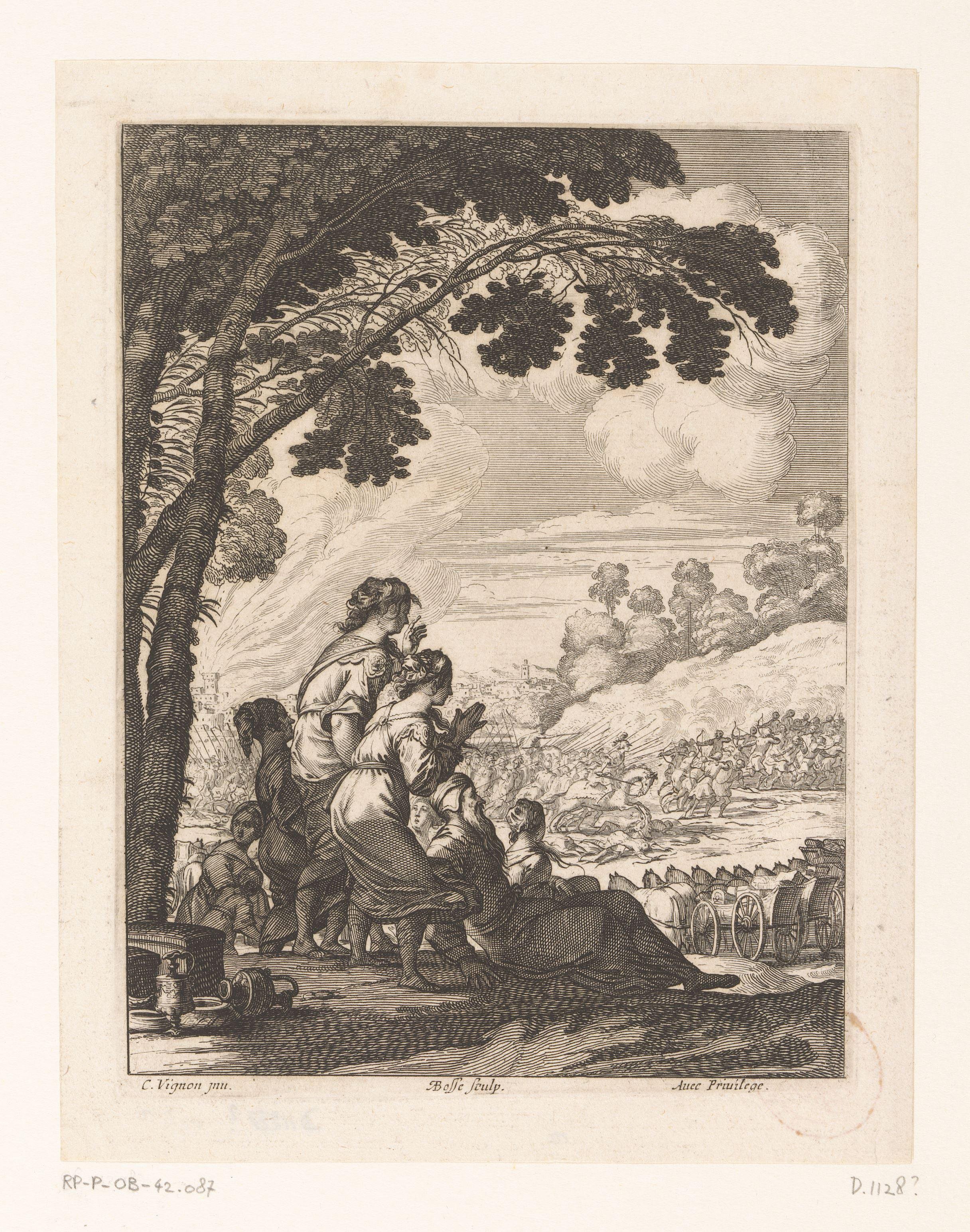 Groep vrouwen en een oude man bezien de strijd tussen Palamède en zijn vijanden by Abraham Bosse